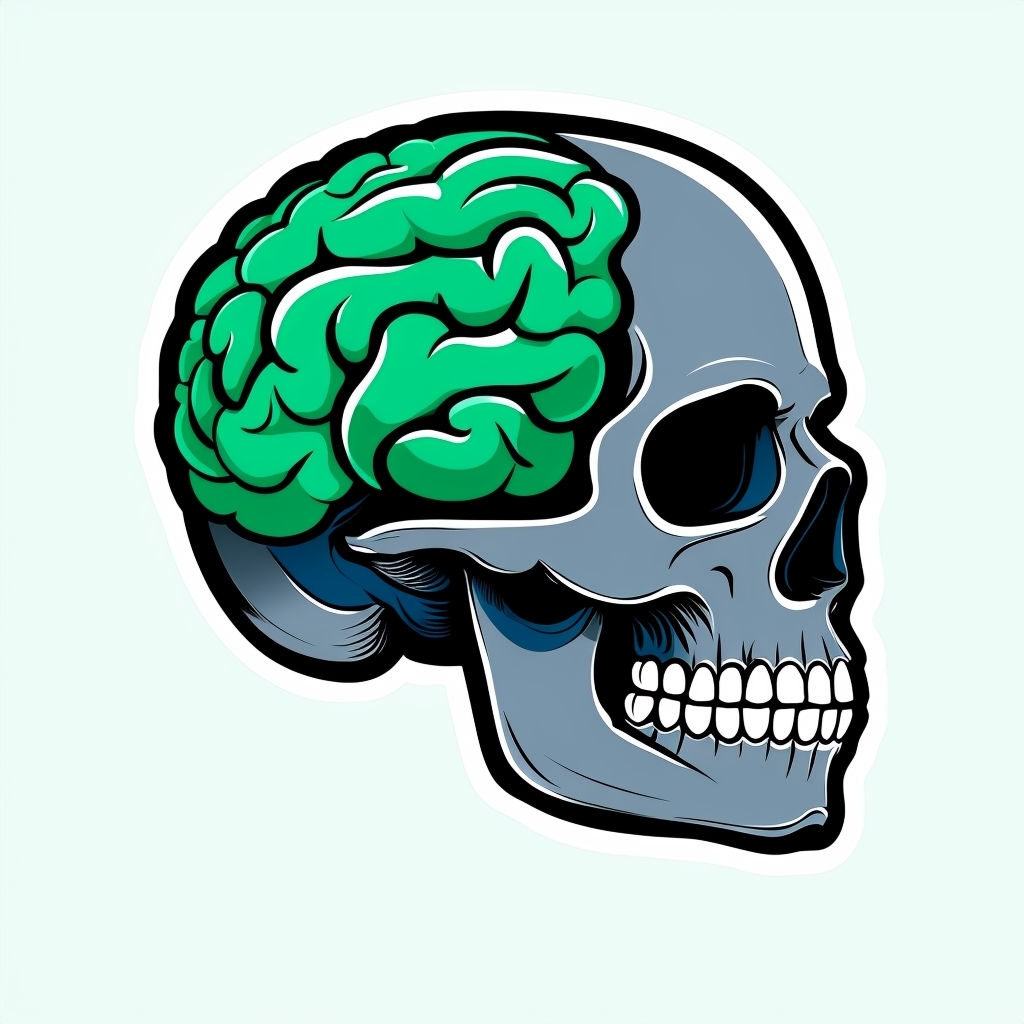 Vibrant Emerald Brain Inside Stylized Gray Skull Sticker