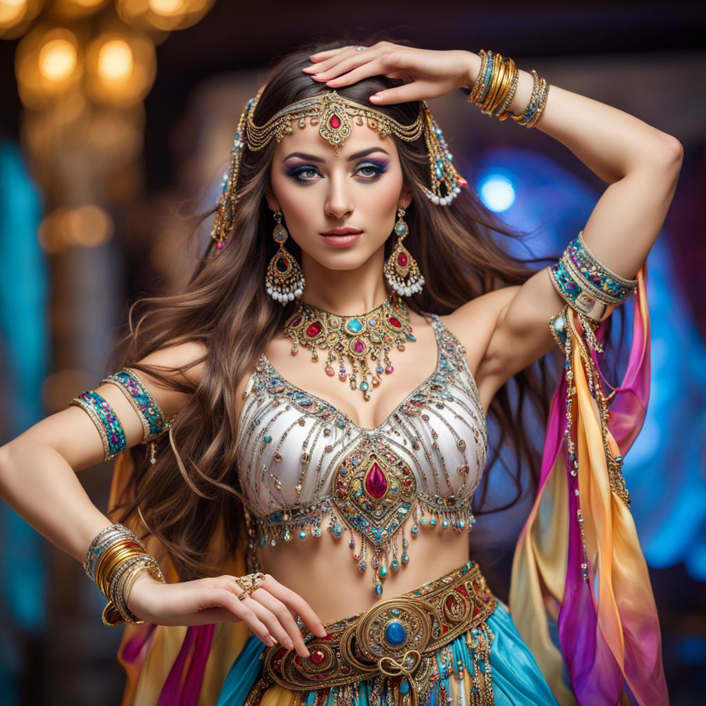 A very beautiful persian belly dancer. 25 years old. Very pretty face. Long  dark hair. Curvaceous figure. Jewelleries. Glamour dress. Sexy looks. Red  and golden silk costumes. dancing at the palace.