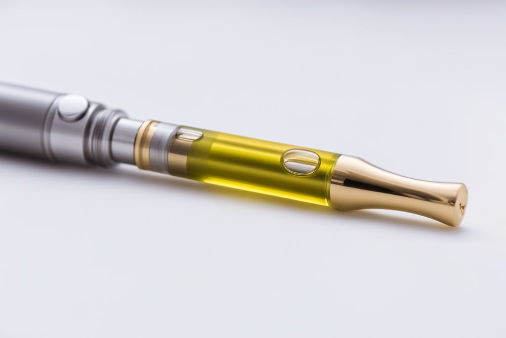 photo of a Pre-Filled Cannabis Vape laying on it´s side on a completely white background 