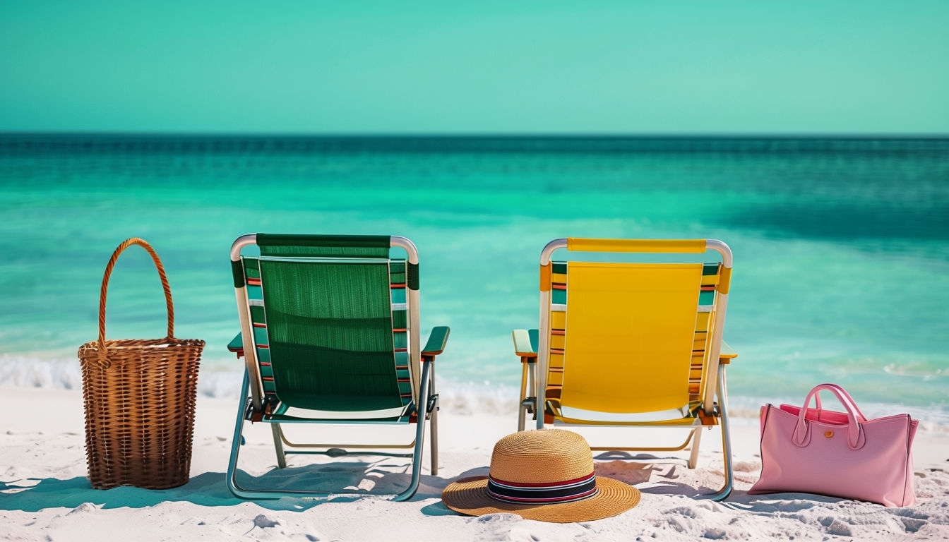 Vibrant Tropical Beach Scene with Colorful Chairs Virtual Background