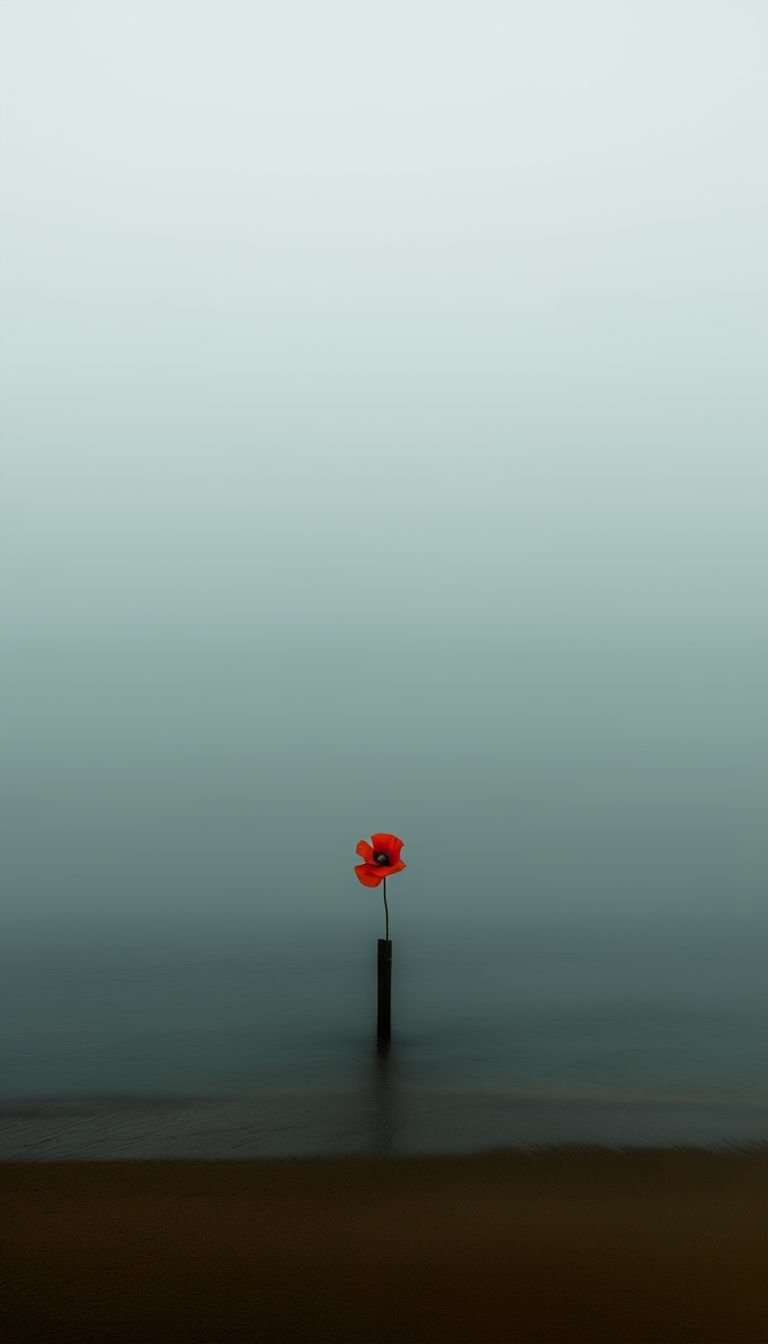 Serene Foggy Shoreline with Poppy Flower Mobile Wallpaper