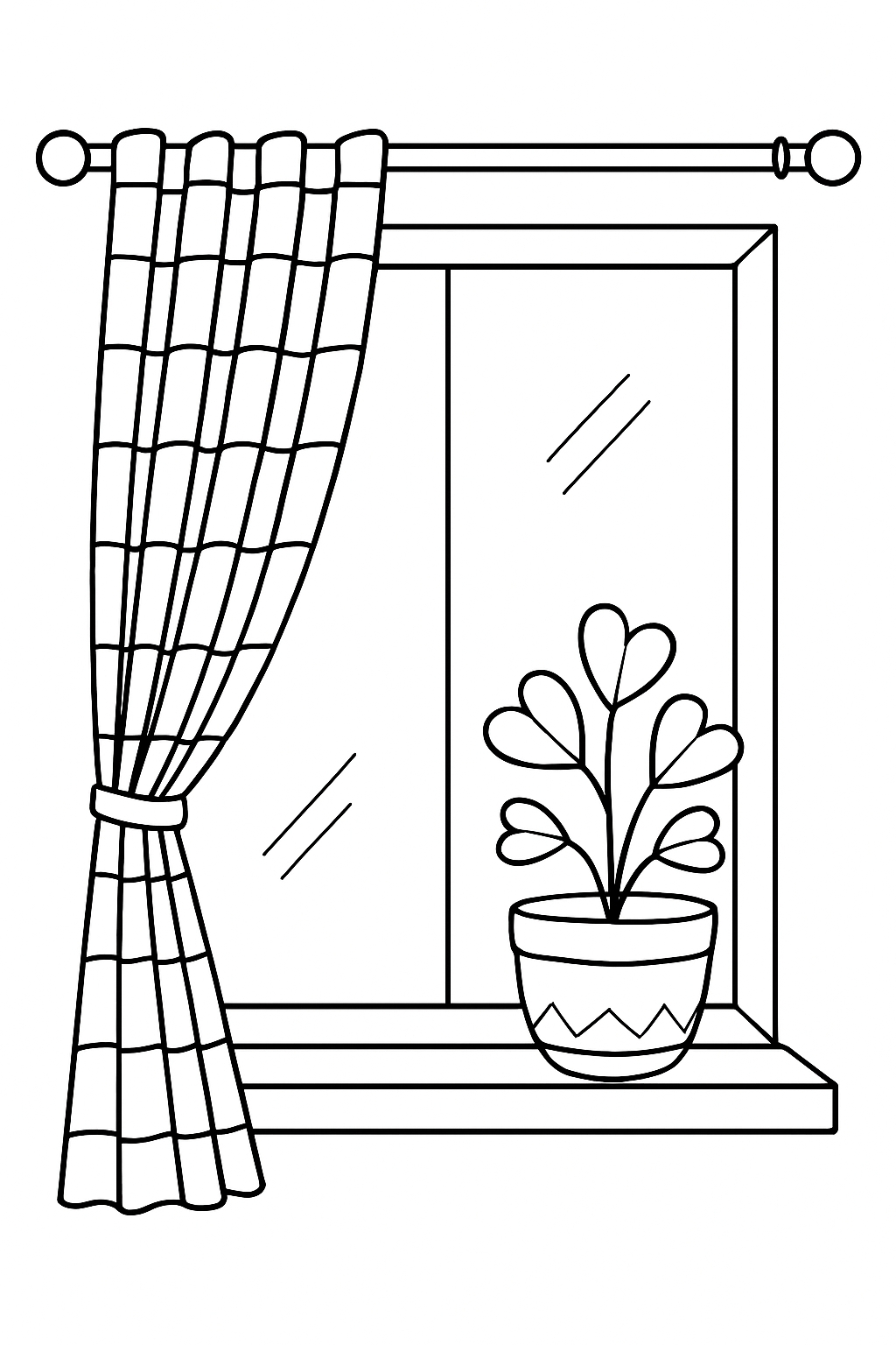 Charming Minimalist Window with Checkered Curtain Coloring Page
