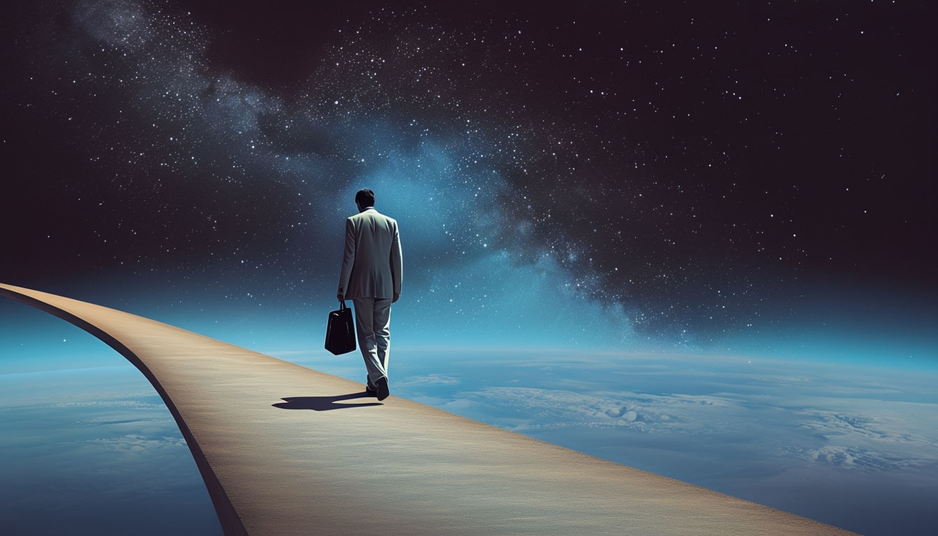 Solitary Figure Walking on Cosmic Pathway Virtual Background