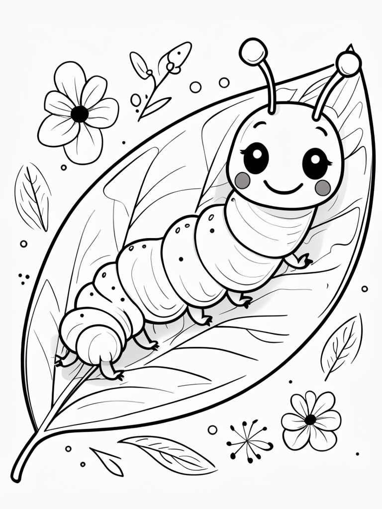 Cheerful Cartoon Caterpillar and Leaf Outline Coloring Page