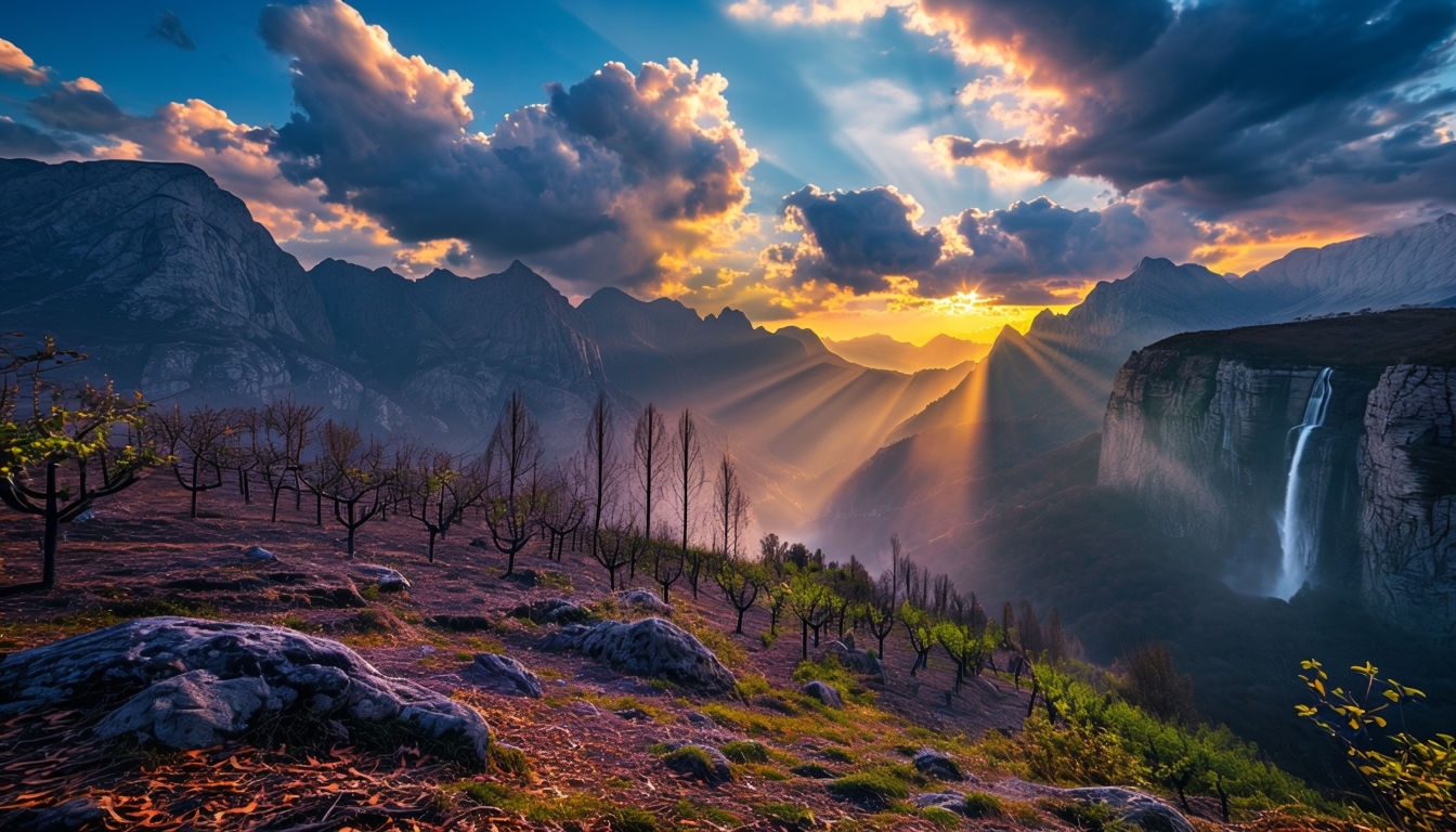 Serene Sunset Mountain Landscape with Dramatic Clouds Background