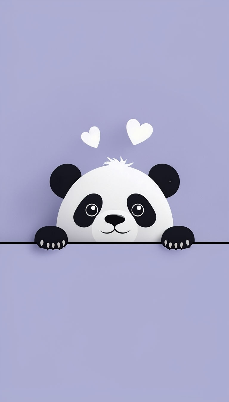 Cute Minimalist Panda Illustration with Hearts on Lavender Background Mobile Wallpaper