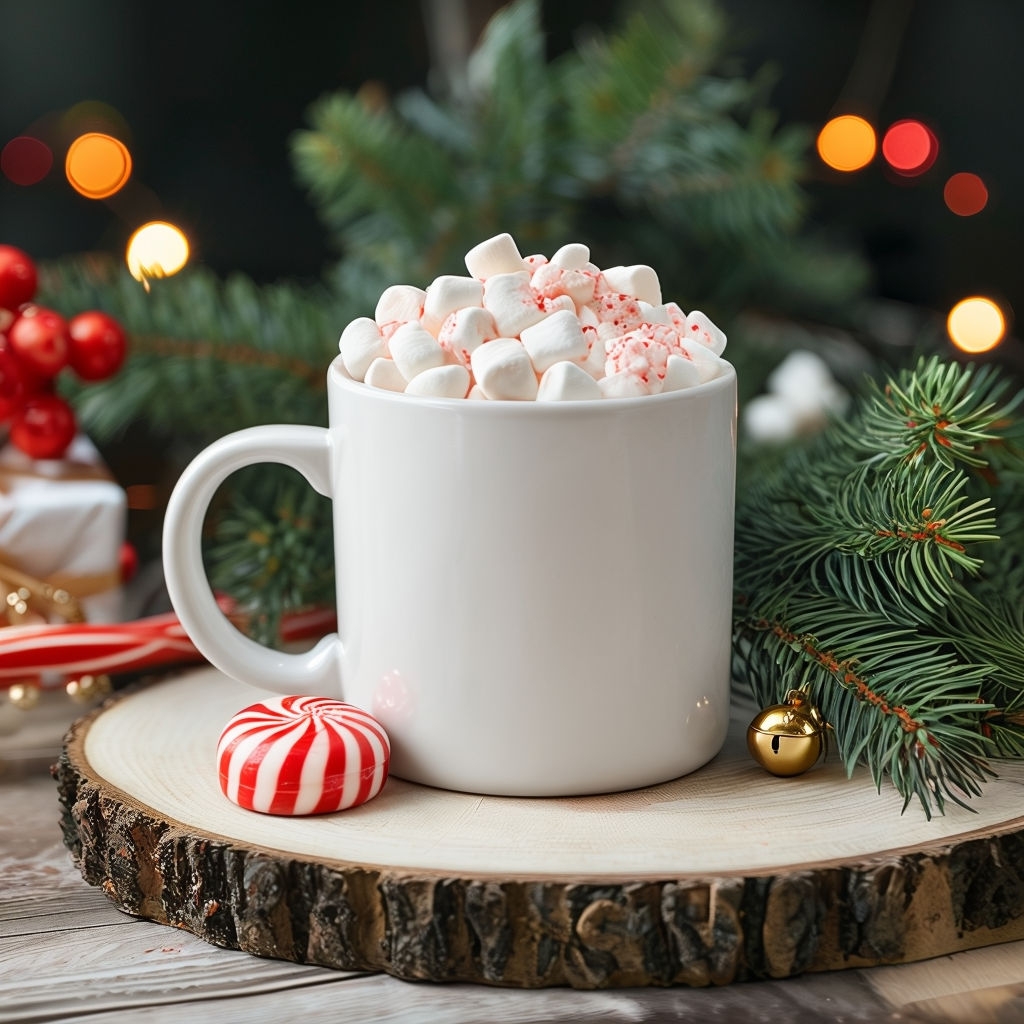 Cozy Christmas Mug with Marshmallows and Peppermint Candy Mo