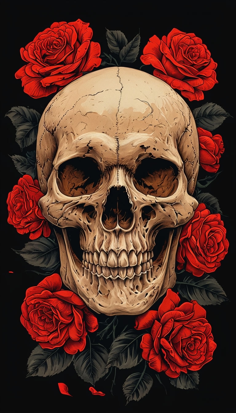 Skull and Roses Intricate Design T-Shirt