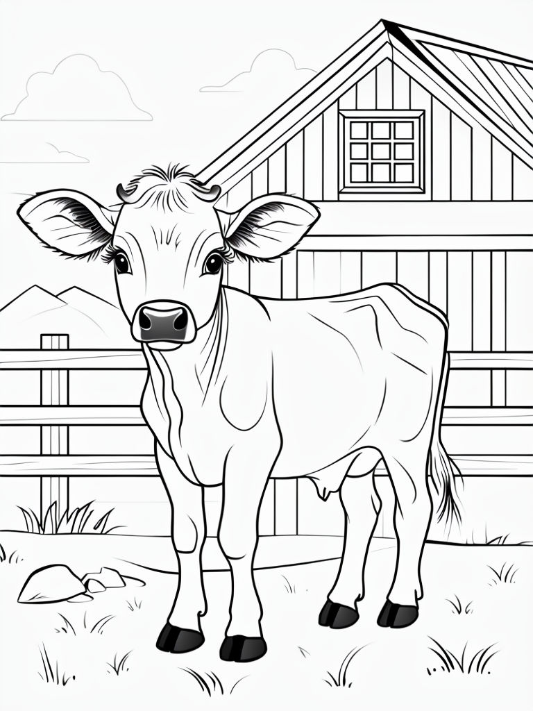 Serene Pastoral Scene with a Cow Black and White Coloring Page