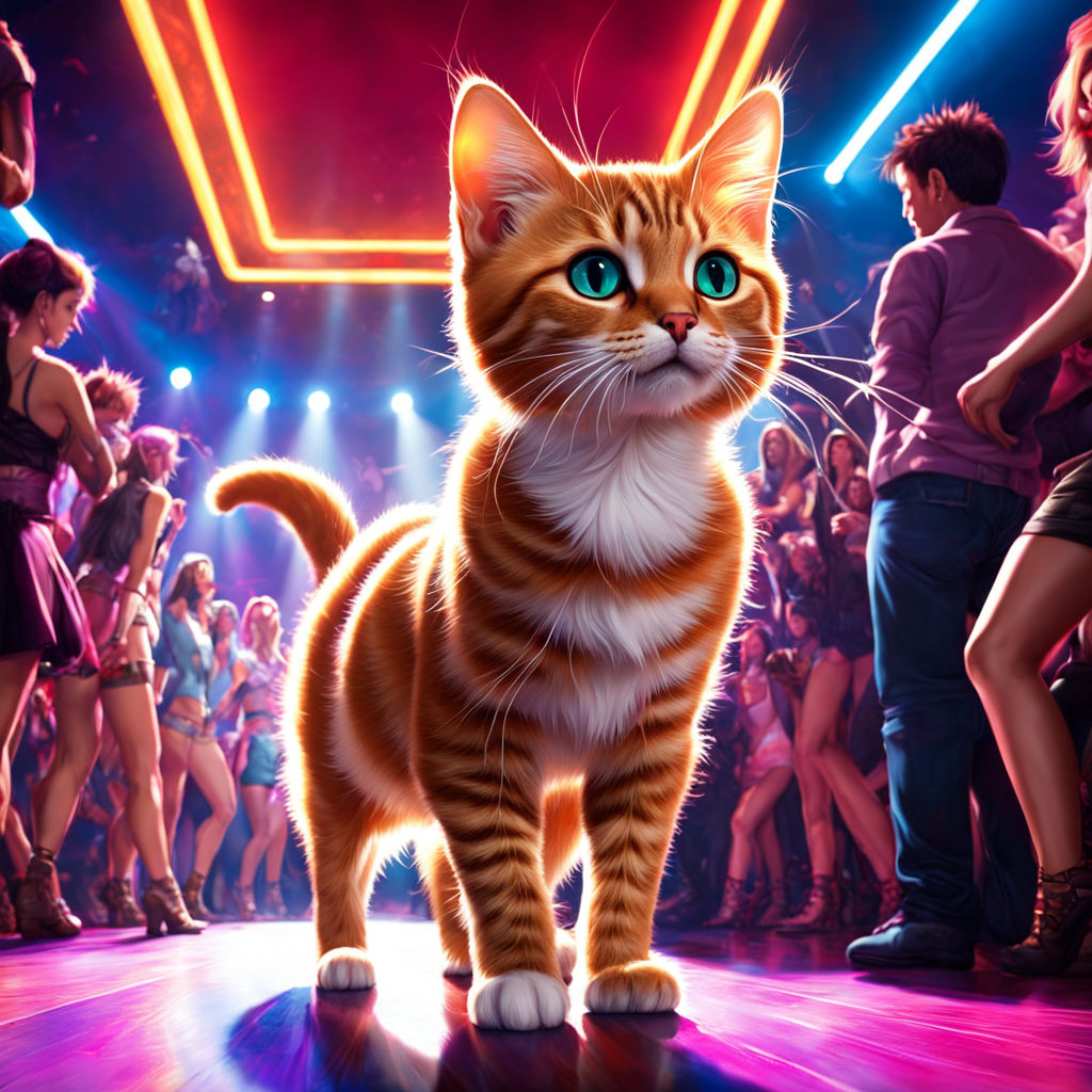 A cat is dancing on a nightclub stage