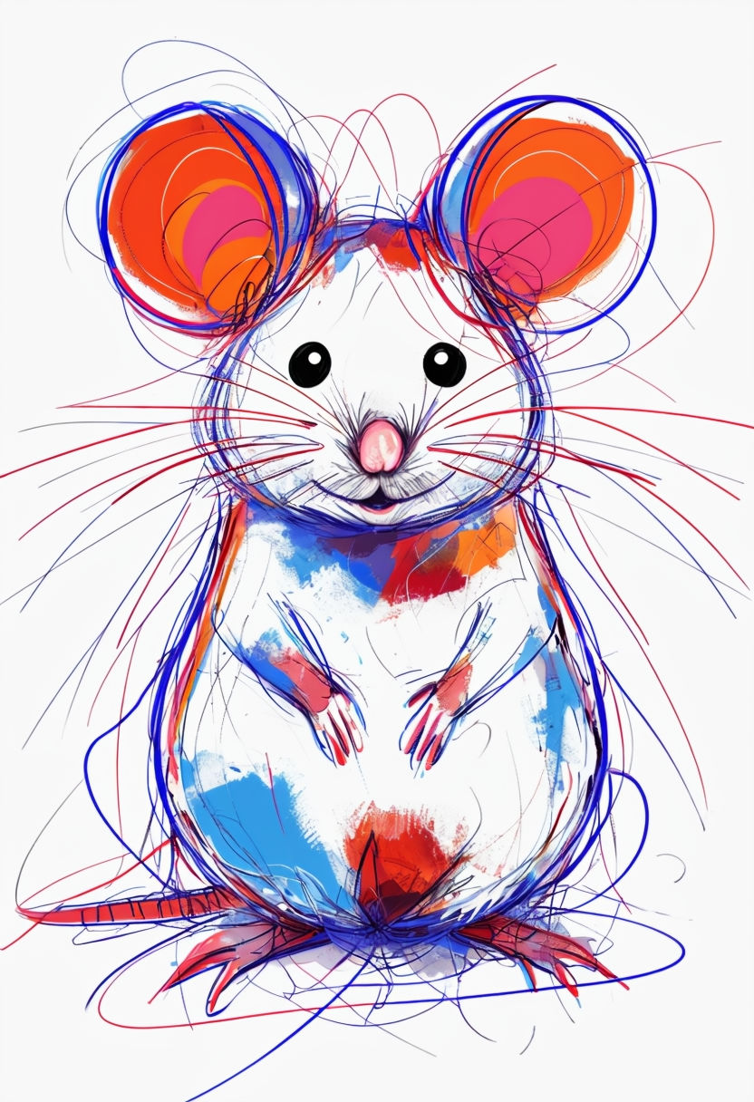 Whimsical Colorful Mouse Illustration with Dynamic Lines Art