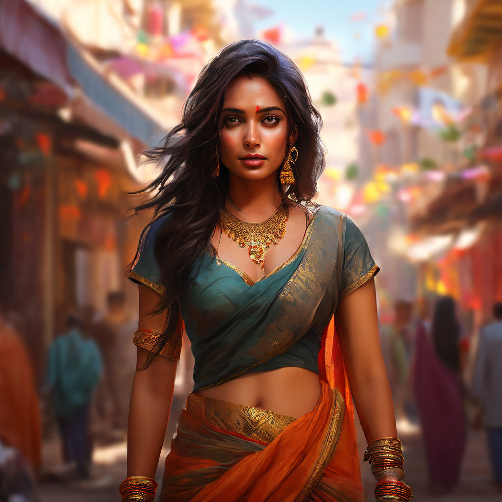 slightly fat body. long gloves. long hair.gold jewellery. red saree.  artstation trends