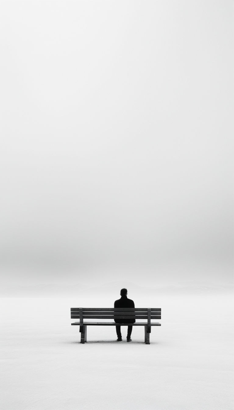 Solitary Figure on a Bench in Foggy Minimalist Landscape Mobile Wallpaper