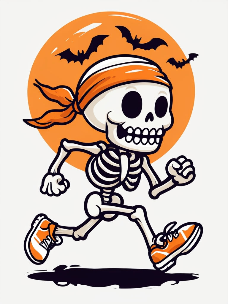 Playful Cartoon Skeleton Running with Halloween Elements Art