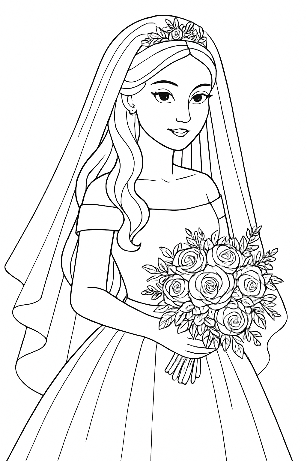 Elegant Bridal Line Drawing for Coloring Book Pages