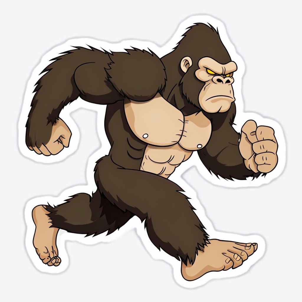 Muscular Cartoon Gorilla Running Dynamic Illustration Sticker