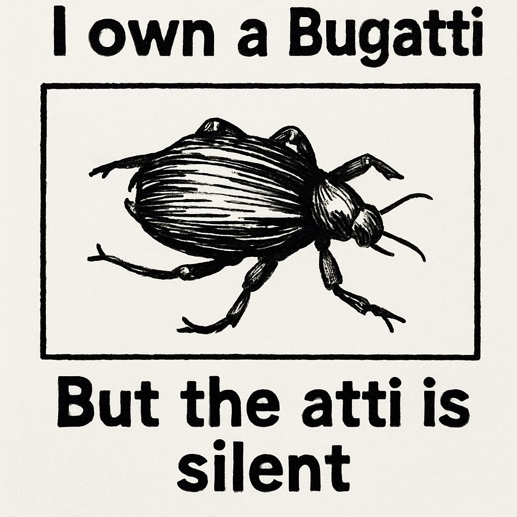 Humorous Black-and-White Bugatti Beetle Illustration T-Shirt