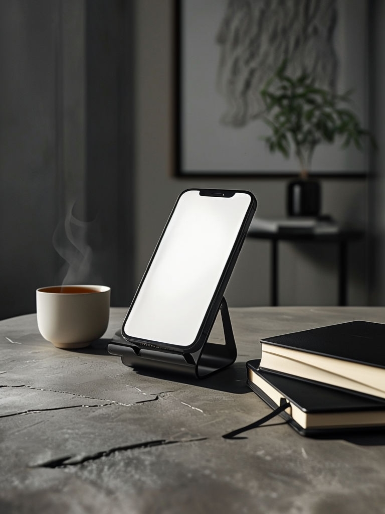 Sleek Minimalist Black Phone Stand with Tea and Notebooks Mockup