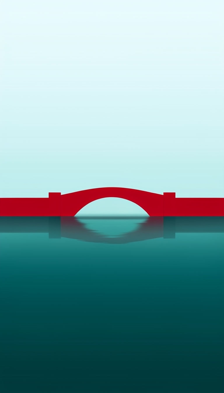 Minimalist Crimson Arch Bridge Over Calm Teal Water Wallpaper
