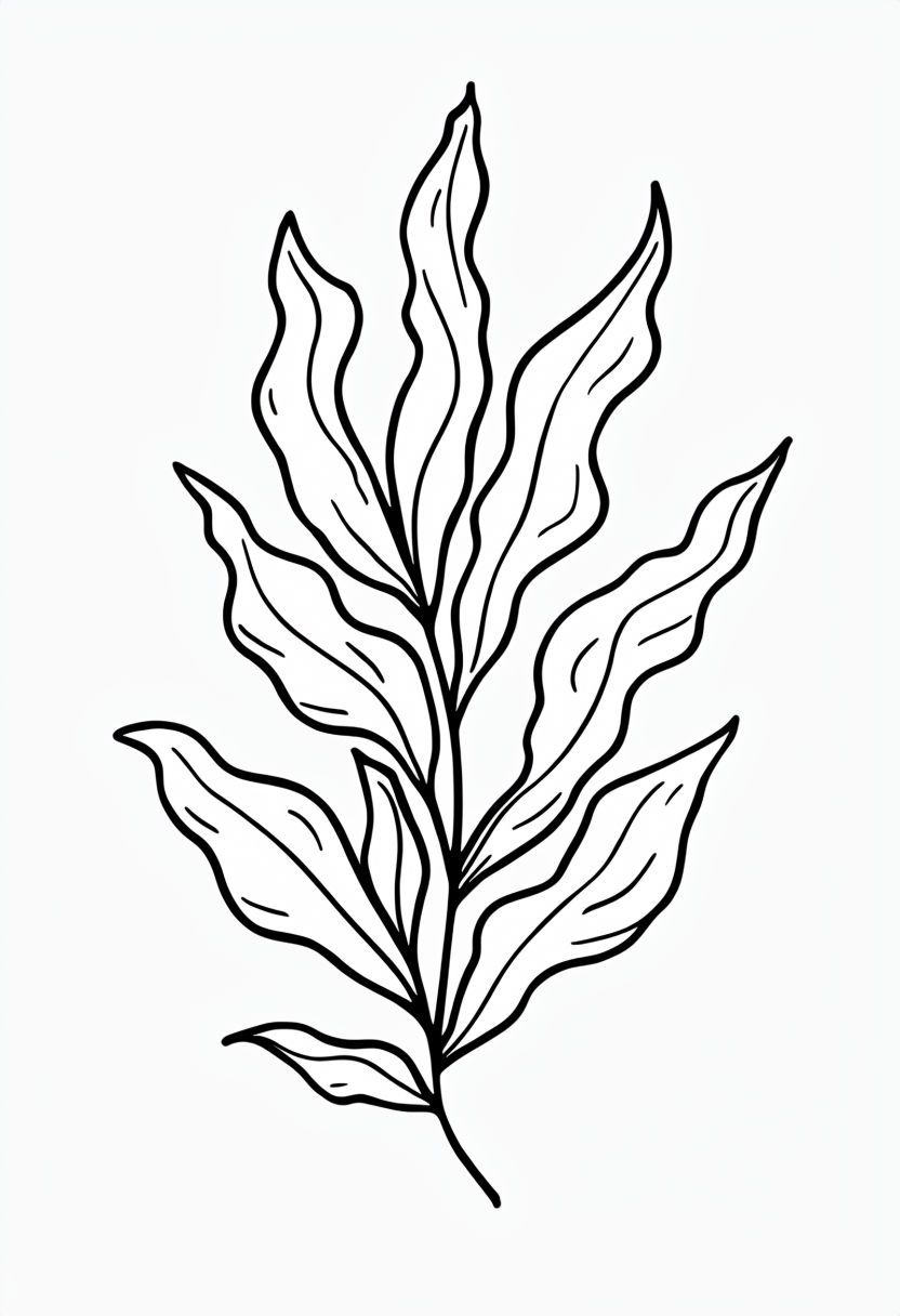 Elegant Black Line Drawing of Wavy Leaf Plant Illustration Coloring Book Pages