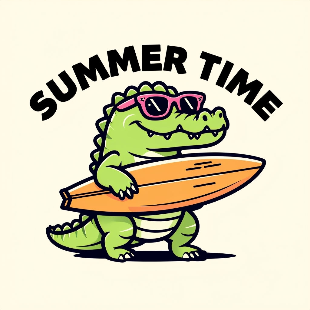 Cheerful Green Alligator with Surfboard Summer Time T-Shirt