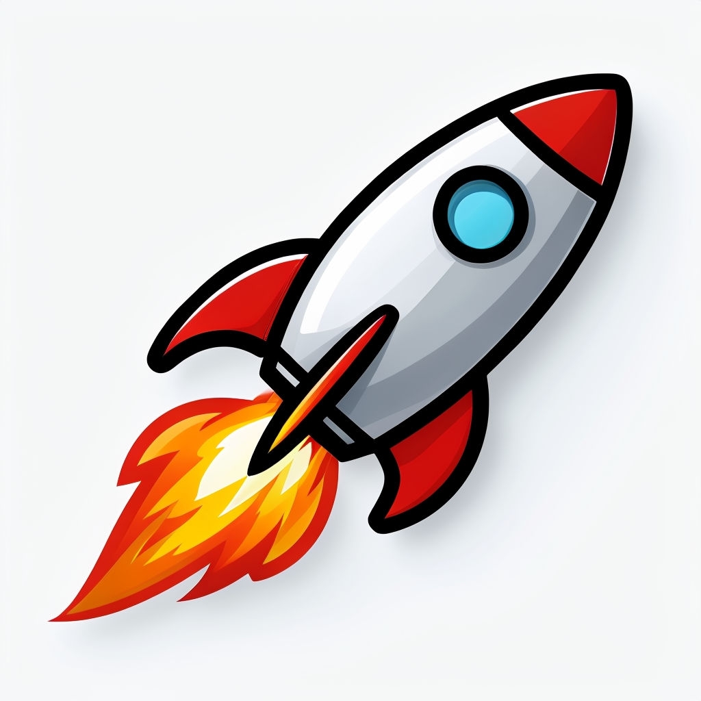 Sleek Cartoon Rocket Ship Taking Off with Colorful Flames Sticker