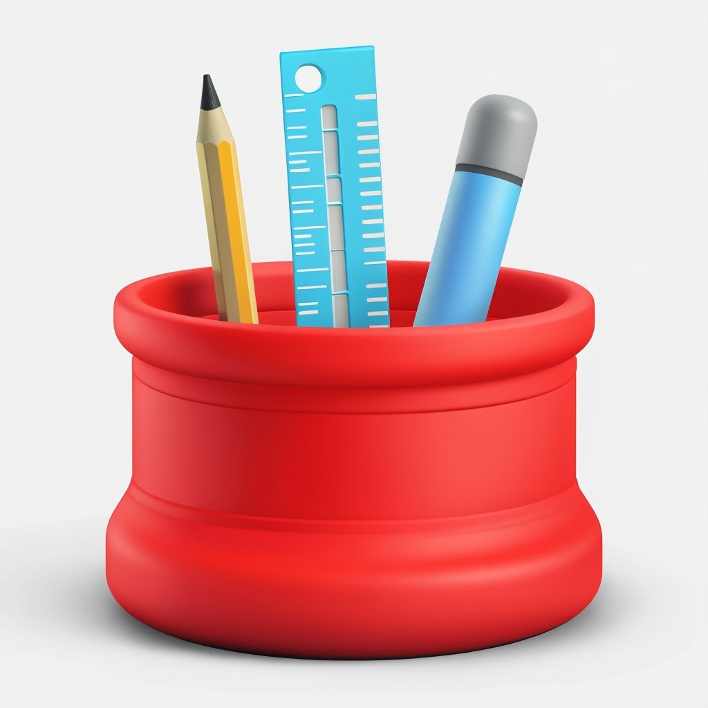 Vibrant Red Pencil Holder with Office Supplies Illustration Art