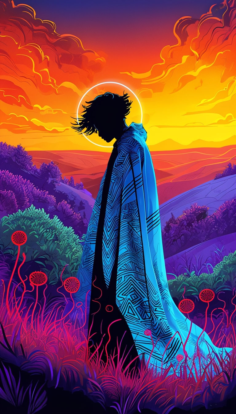 Surreal Blue Cloaked Figure Amidst Neon Plants Mobile Wallpaper