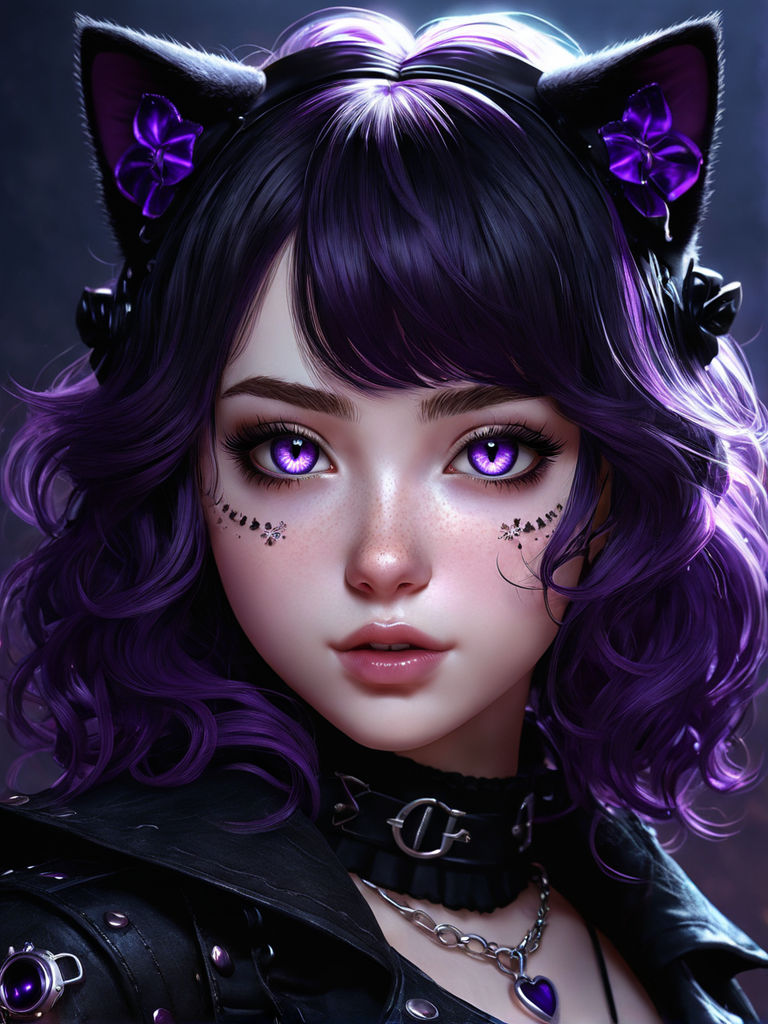 cute purple hair kawaii goth girl in black