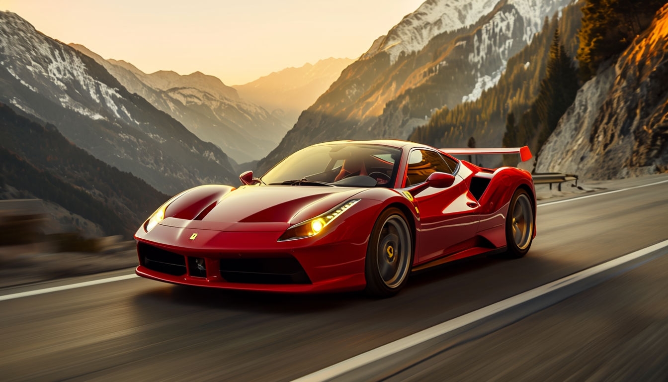 Dynamic Red Sports Car Racing Through Alpine Sunset Background