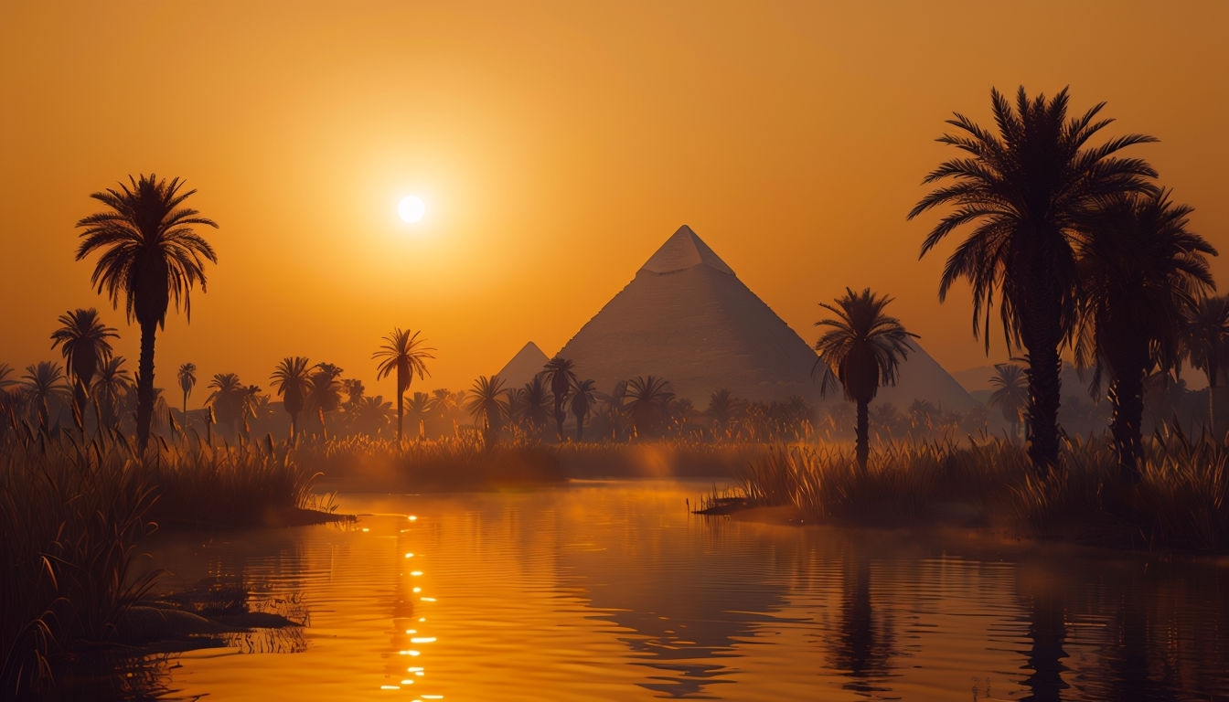 Serene Egyptian Sunset Over Pyramids and Water Reflection Background