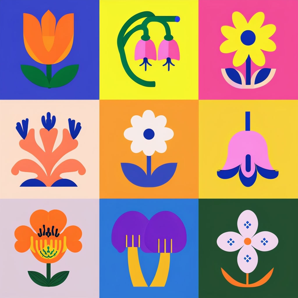 Vibrant Floral Designs in 3x3 Grid Pattern Seamless Pattern