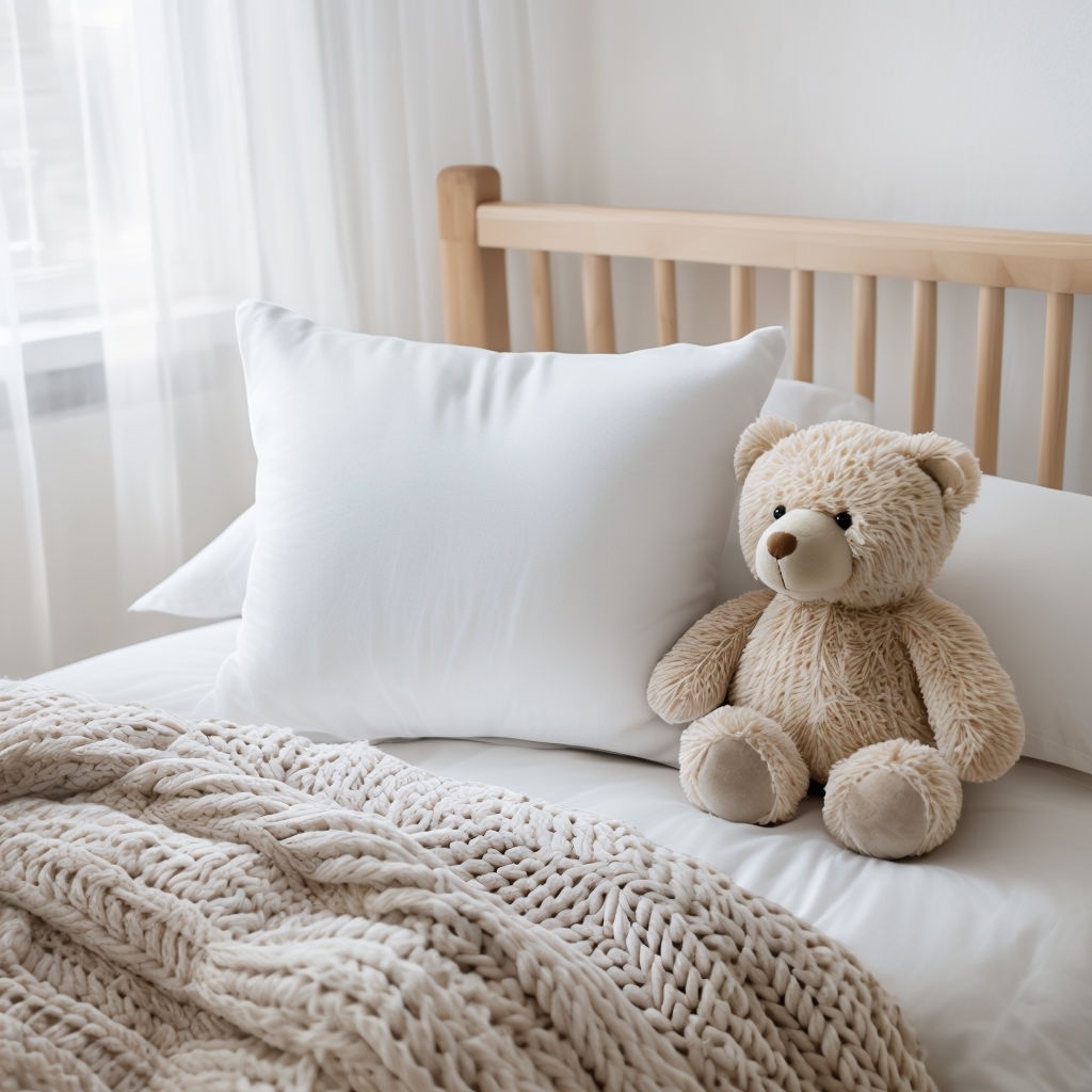 Cozy Bedroom Scene with White Linens and Teddy Bear Mockup