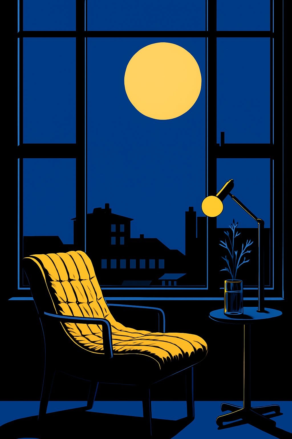 Cozy Minimalist Night Scene with Moon and Yellow Armchair Mobile Wallpaper