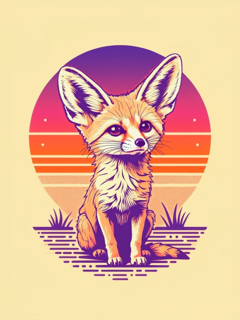 Stylized Fennec Fox Illustration Against Warm Desert Background T-shirt