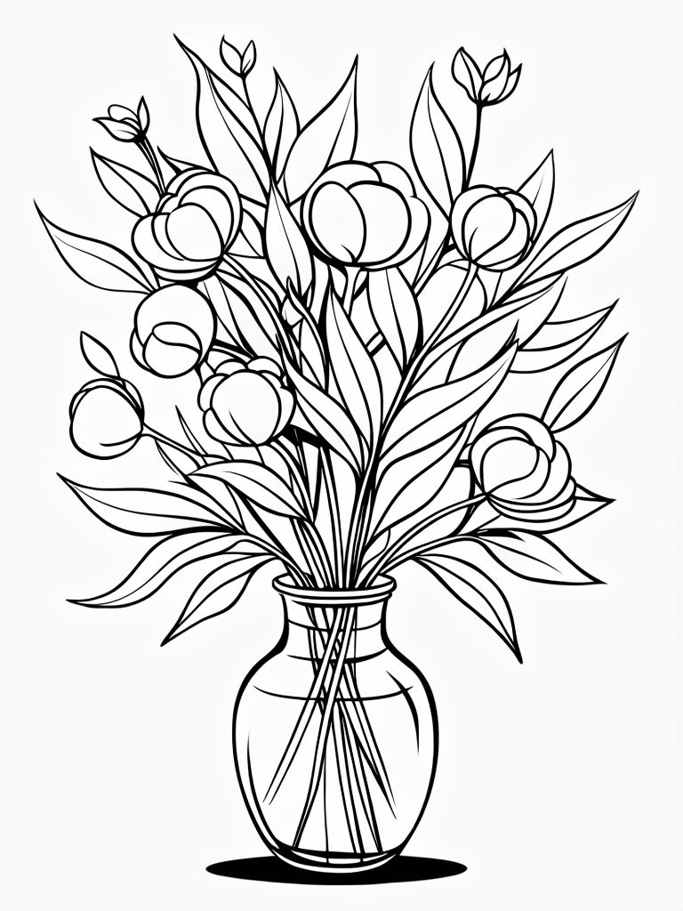 Elegant Black and White Line Drawing of Flower Bouquet Coloring Book Pages