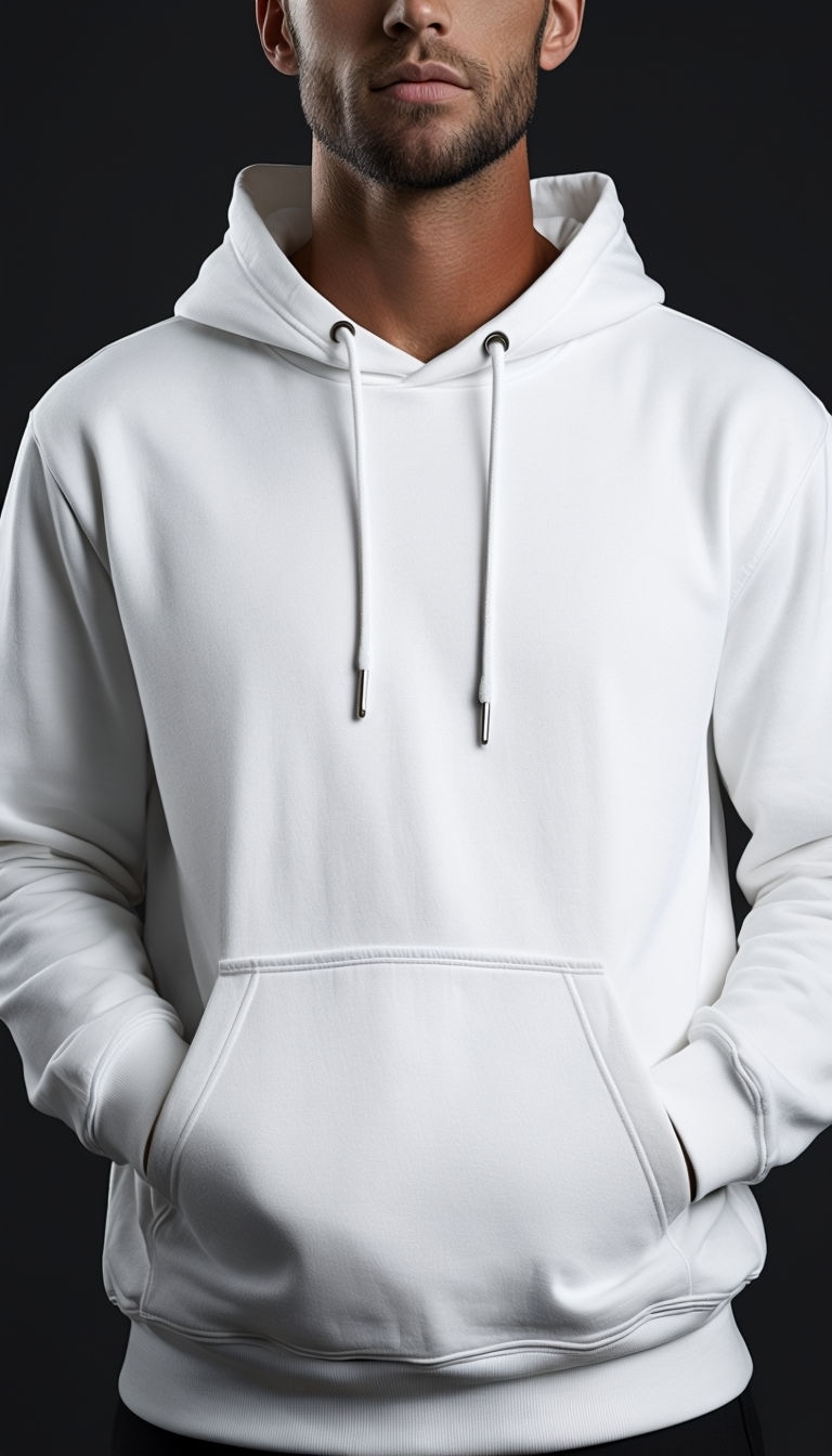 Stylish White Hoodie Photography with Model in Studio Setting Mockup