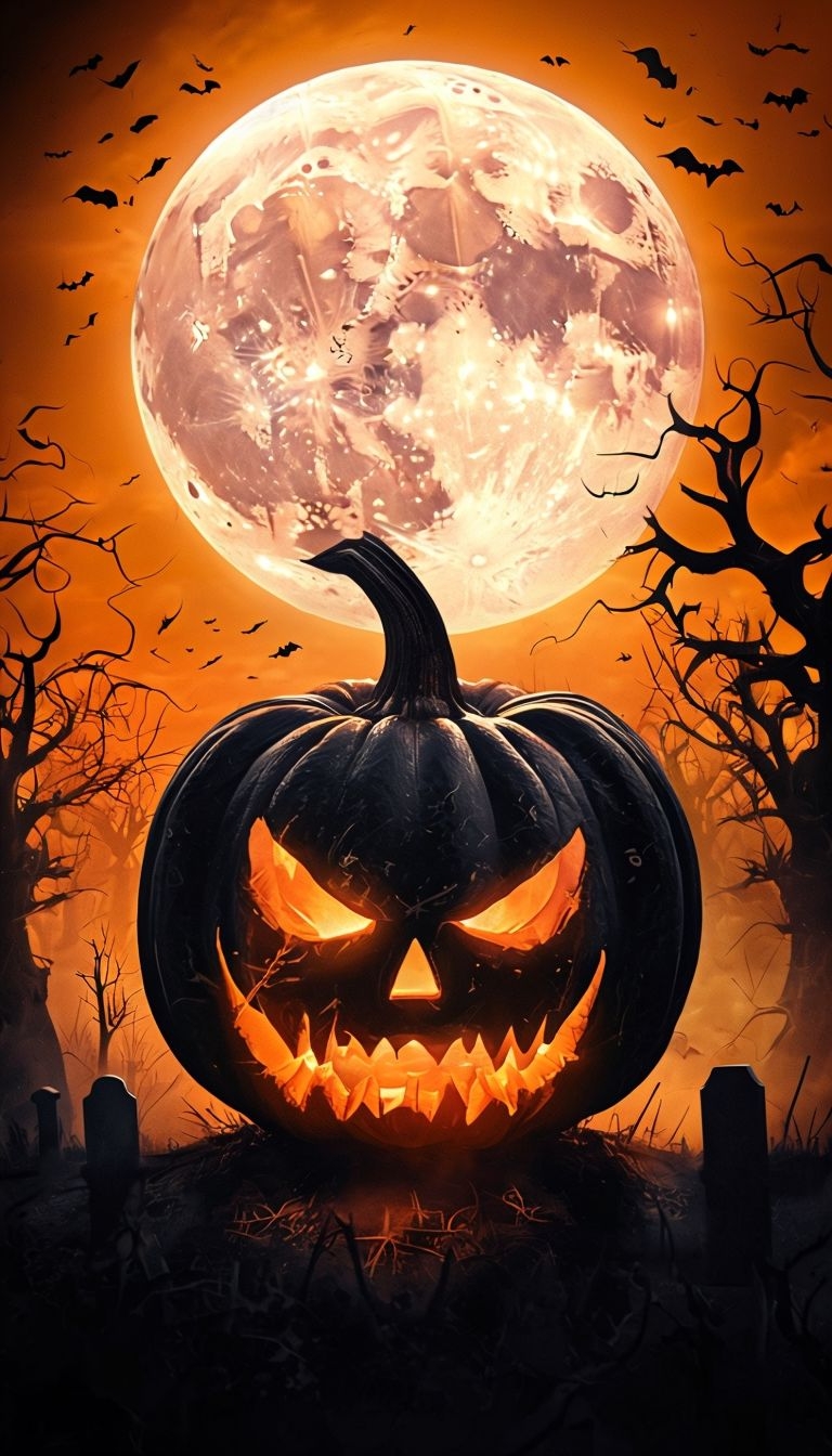 Sinister Halloween Jack-o'-Lantern Under Full Moon Mobile Wallpaper