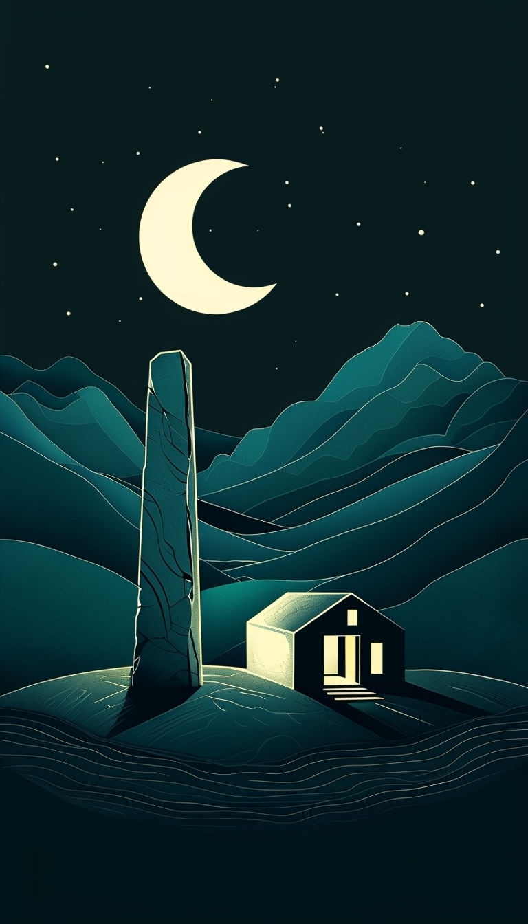 Mysterious Ancient Monolith Under Crescent Moon Mobile Wallpaper