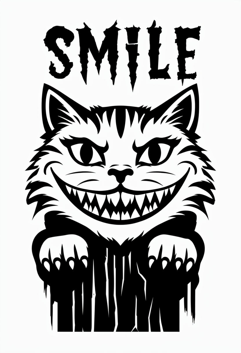 Stylized Monochrome Cat with Sinister Smile T-Shirt