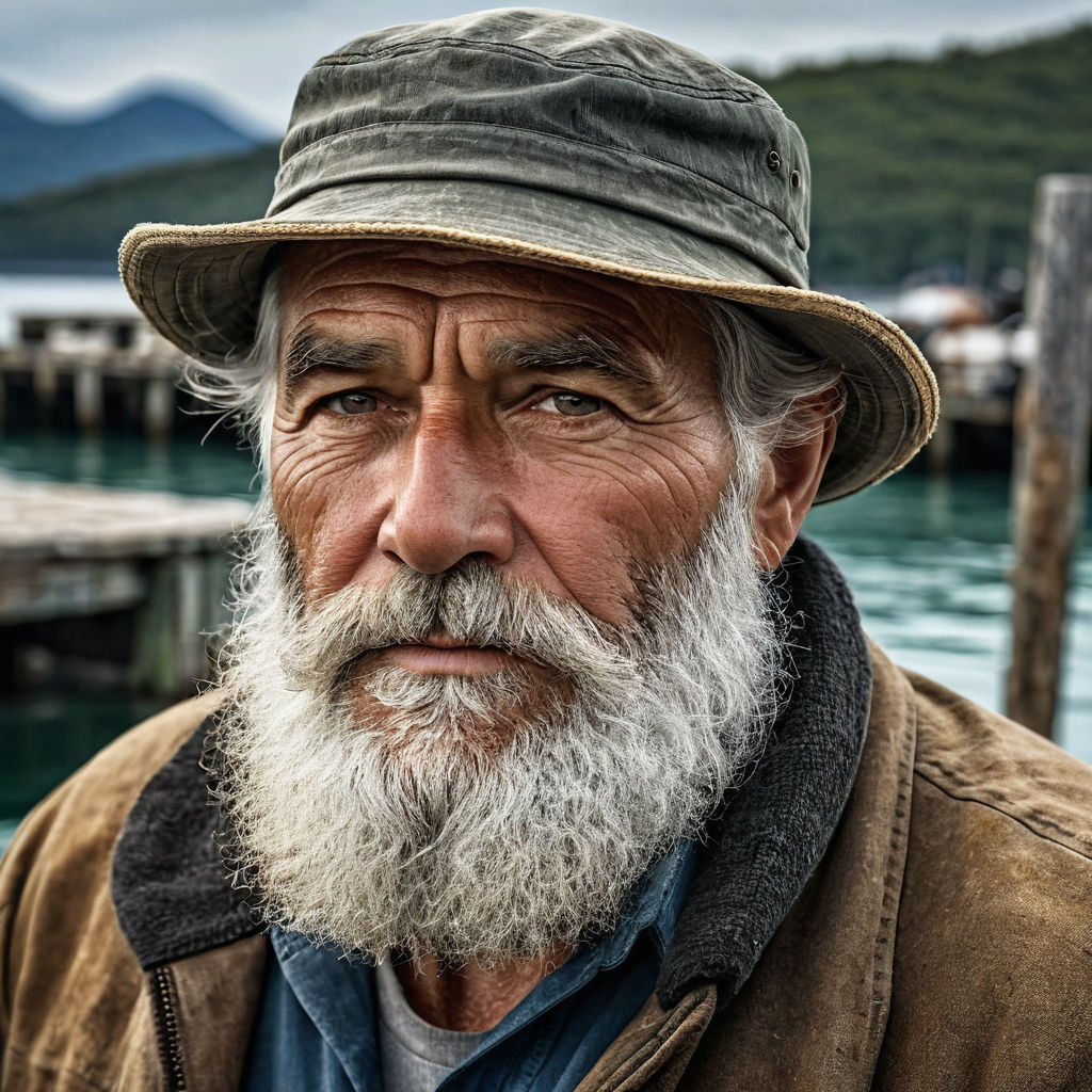 Ugly looking 25 year old British fisherman in the 1980's with long beard  wearing mad sea fishing clothes - Playground