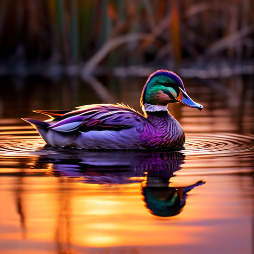 Violet duck with iridescent feathers catching the sunset lig... by NMZ ...