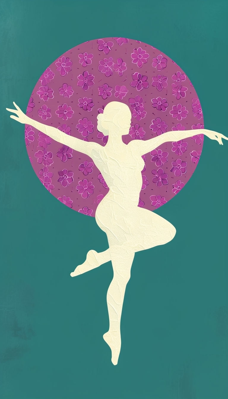 Dynamic Dancing Figure Silhouette with Floral Motif Mobile Wallpaper