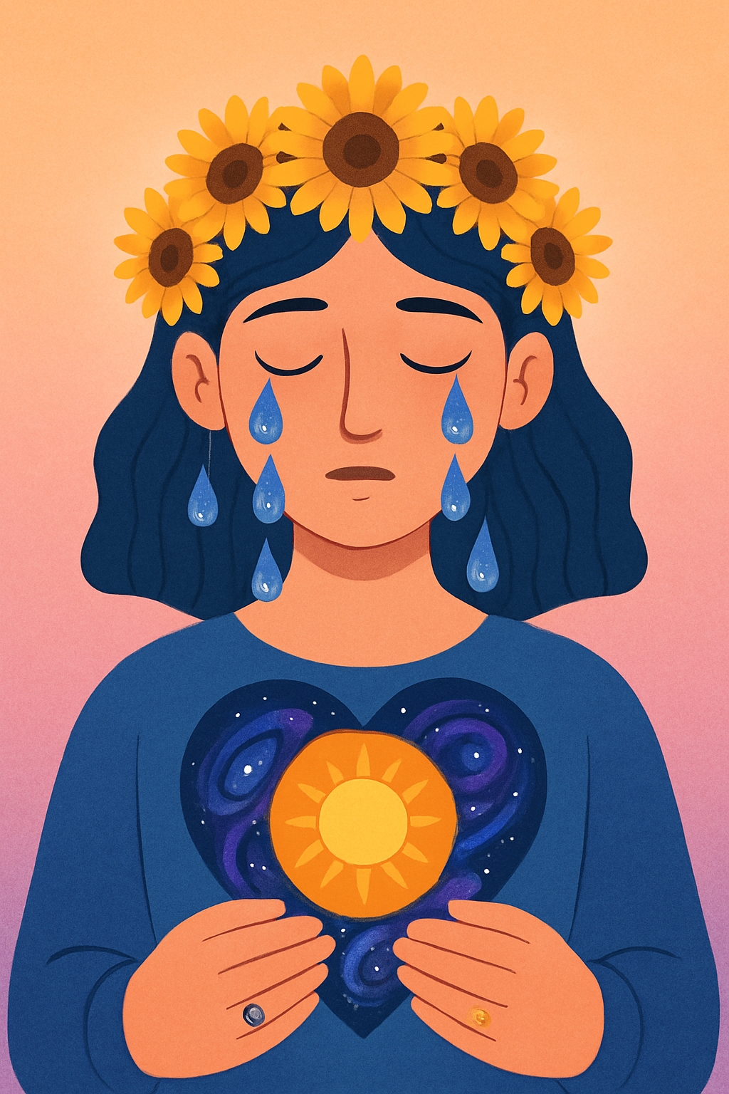 Solemn Young Person with Sunflower Crown and Celestial Heart Poster