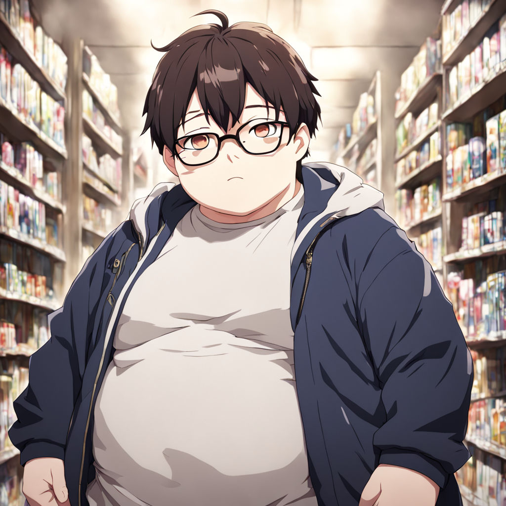 an anime freshman 15 starter chubby belly shirtless boy with soft belly