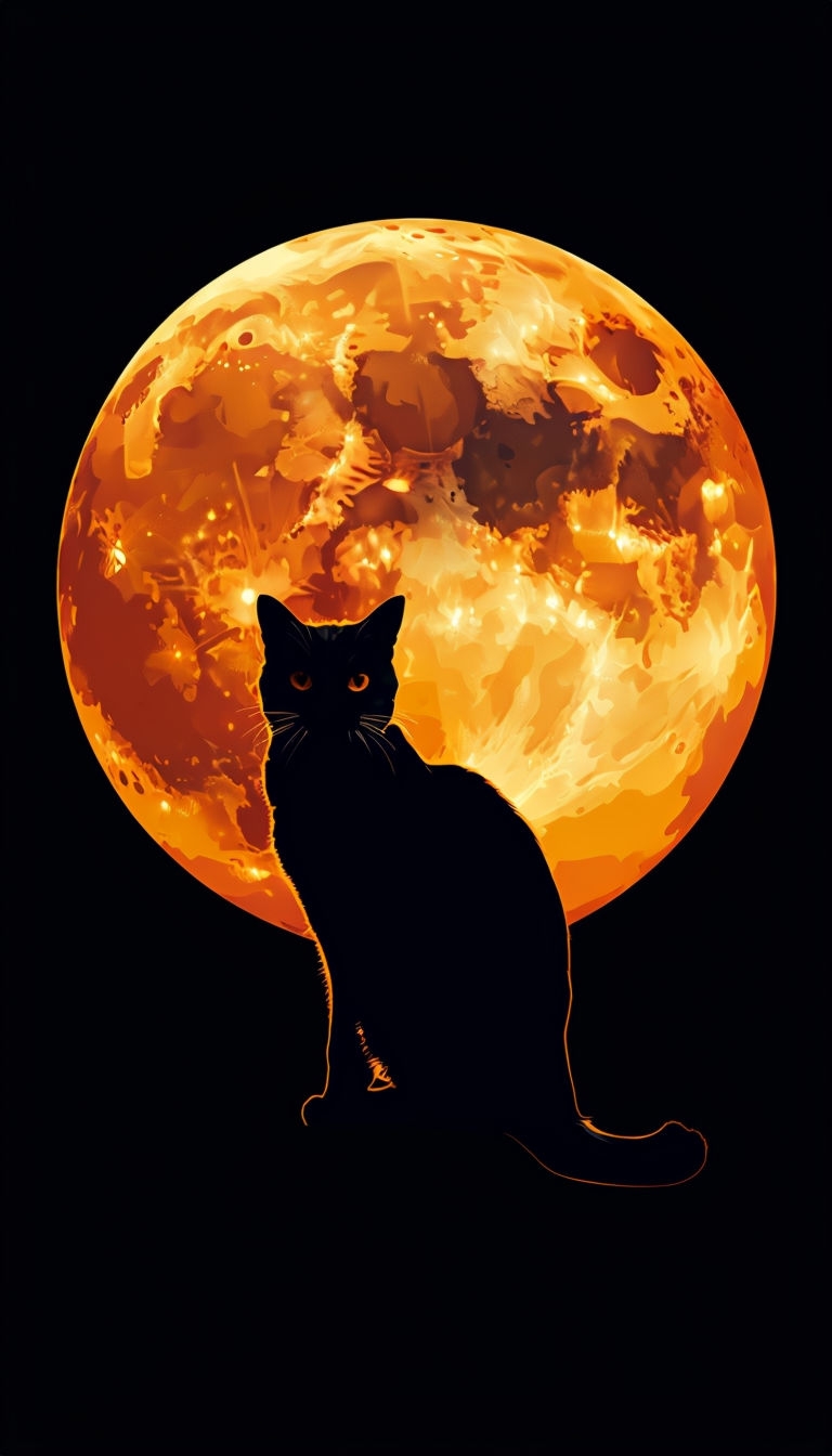Striking Cat Silhouette Against a Glowing Full Moon Mobile Wallpaper