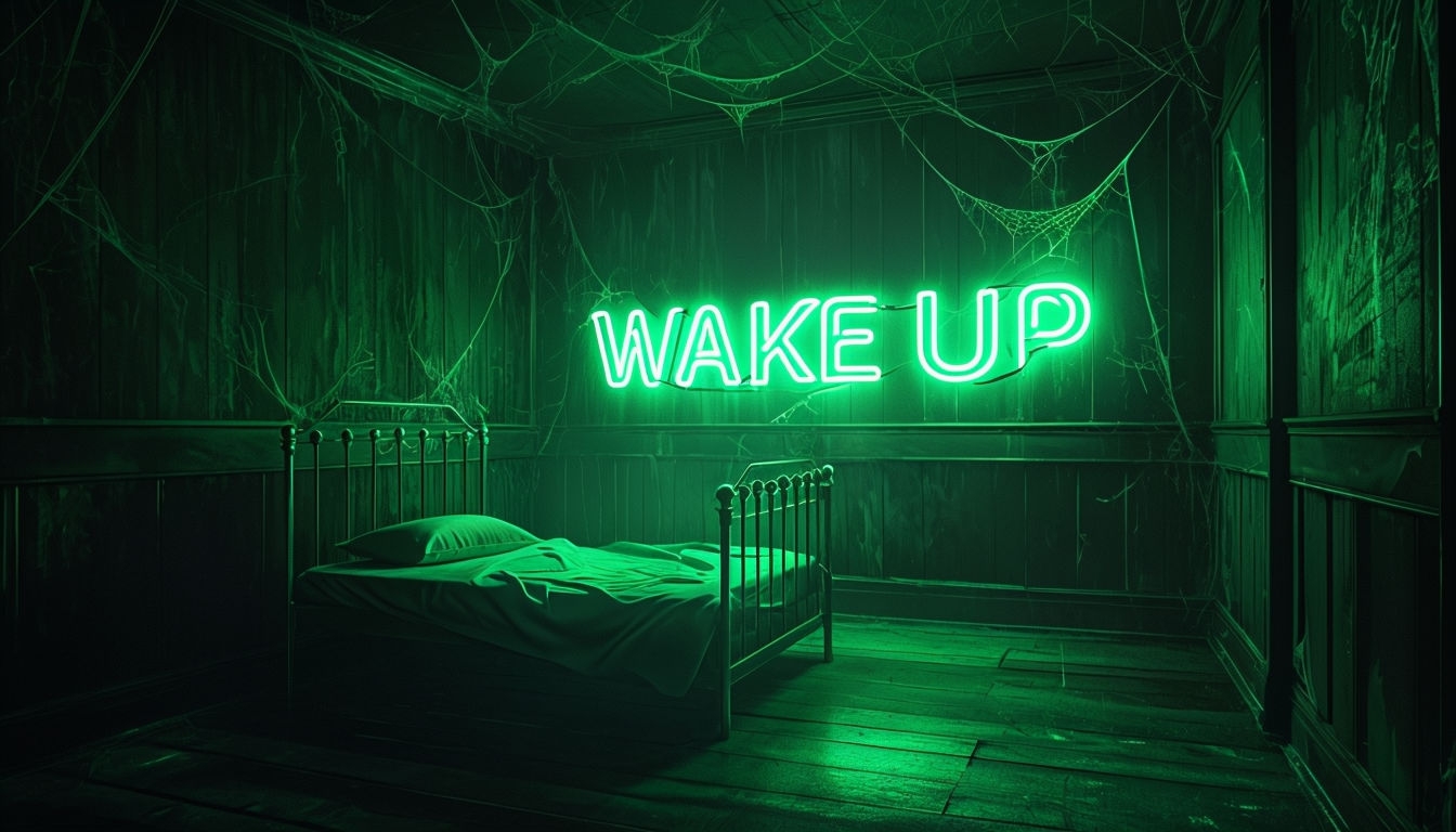 Eerie Dimly Lit Room with Neon 'Wake Up' Sign Background Virtual Backgrounds