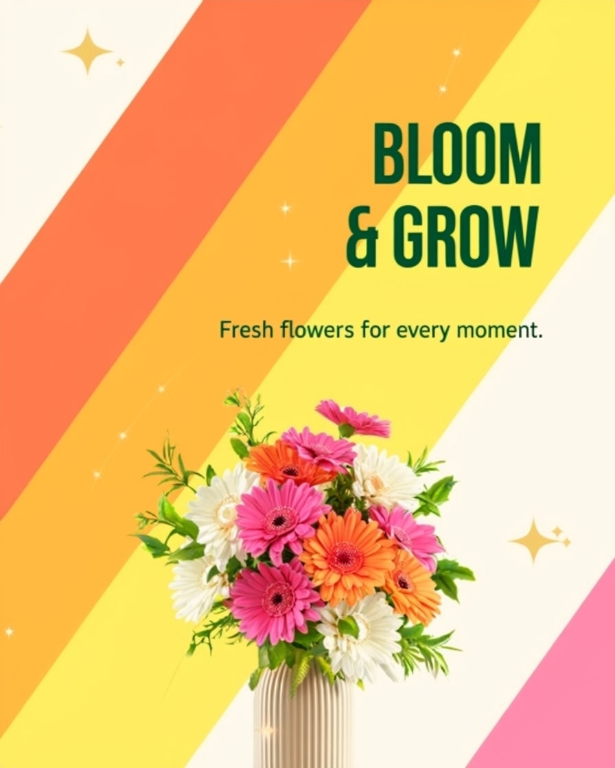 Vibrant Floral Arrangement Ad with Cheerful Striped Background Ads