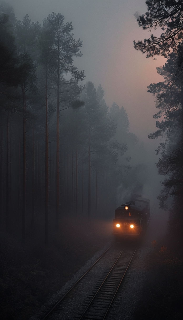 Mystical Old-Fashioned Train in Foggy Forest at Dusk Mobile Wallpaper
