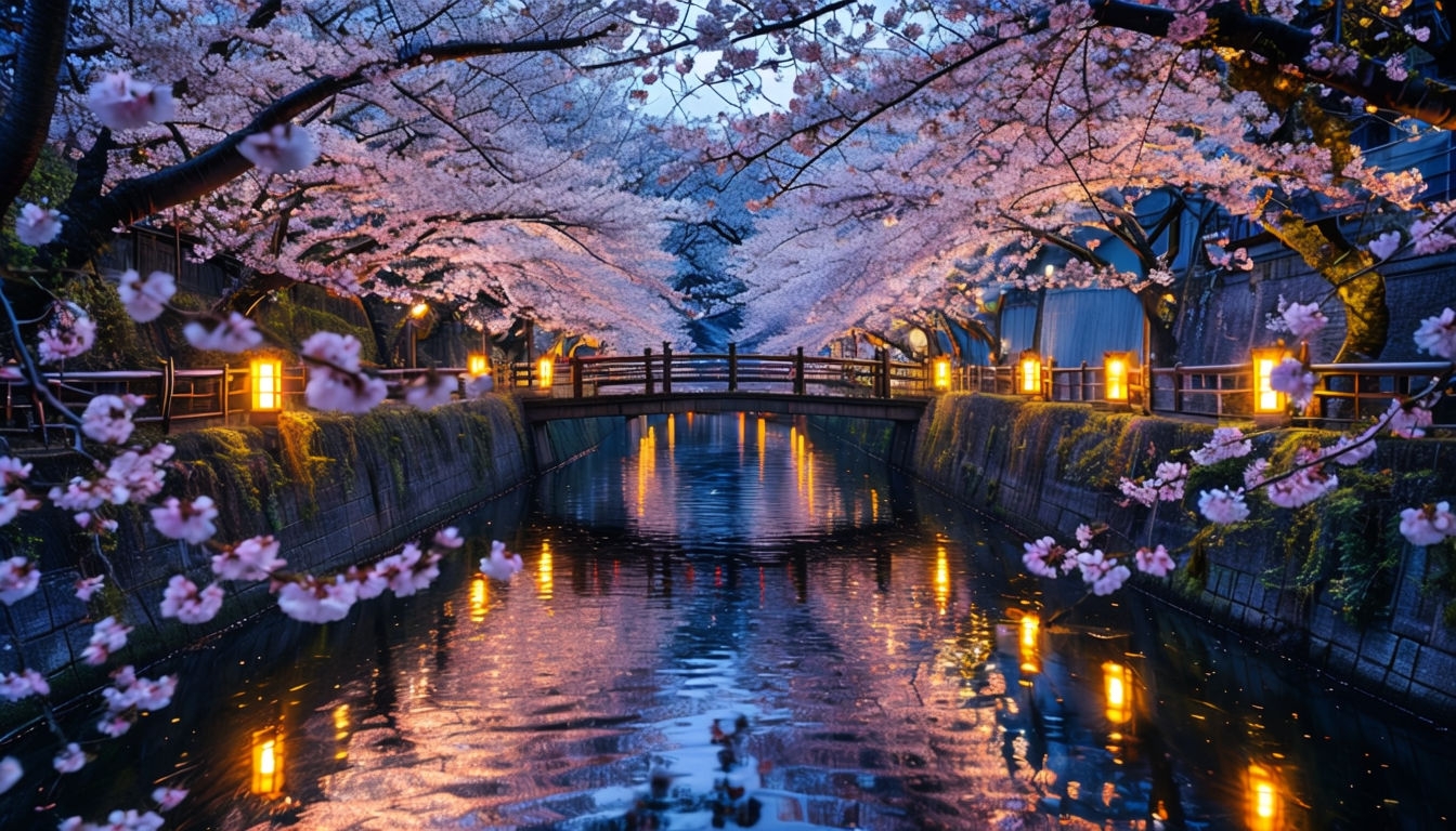 Serene Cherry Blossom Evening Scene Capture for Art Poster